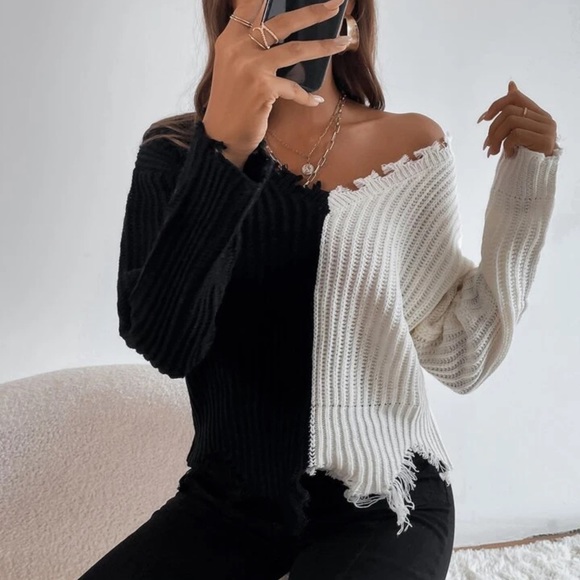 Shein Two Tone Drop Shoulder Distressed Trim Sweater 🧡 - Picture 3 of 7